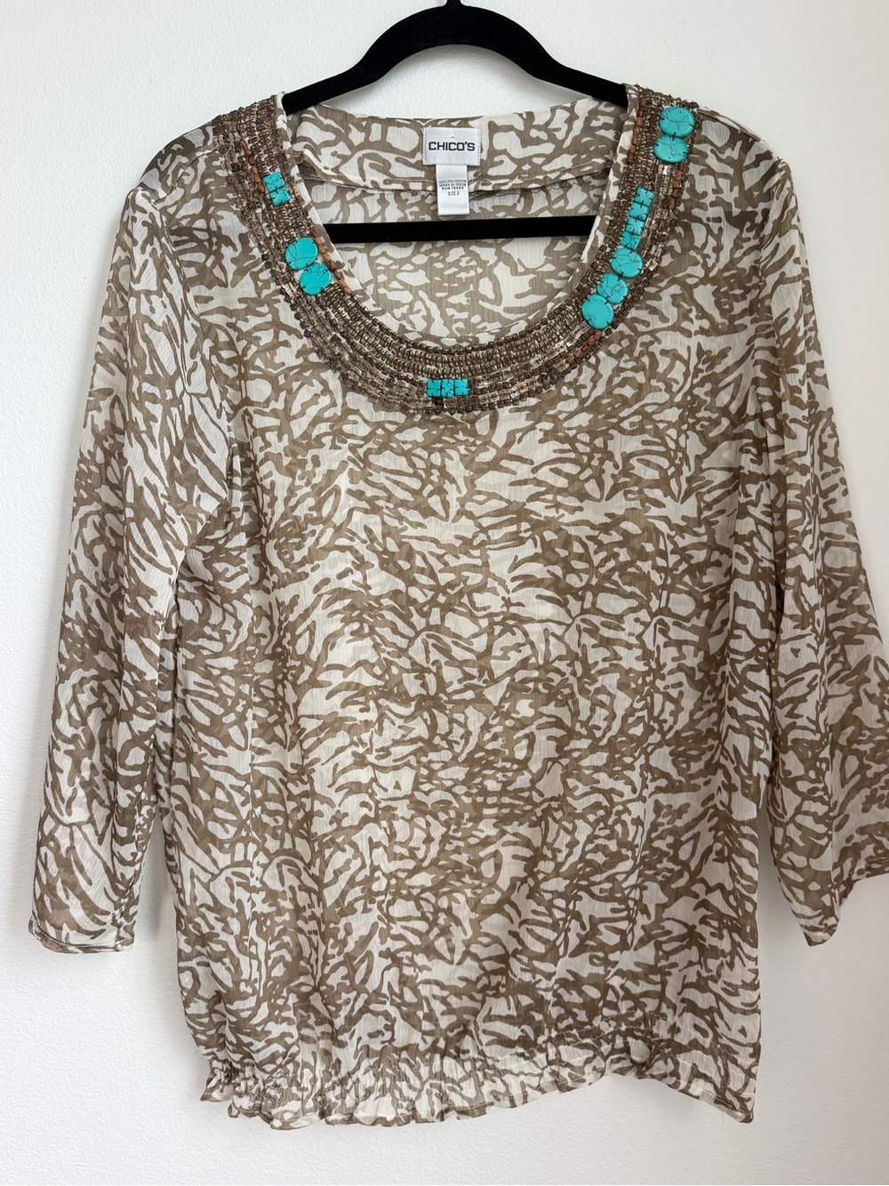 Chico's Beige Printed Turquoise Beaded sheer Scoop Neck Tunic